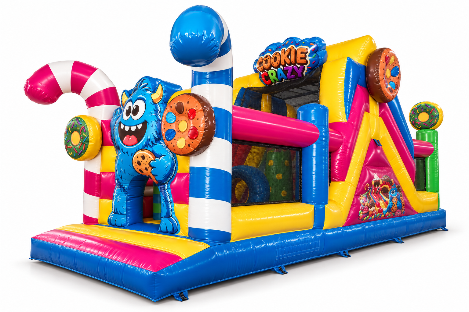 Opblaasbaar springkussen met blauwe monsterfiguur, kleurrijke ballen en glijbaan, met “Cookie Crazy” op de zijkant.