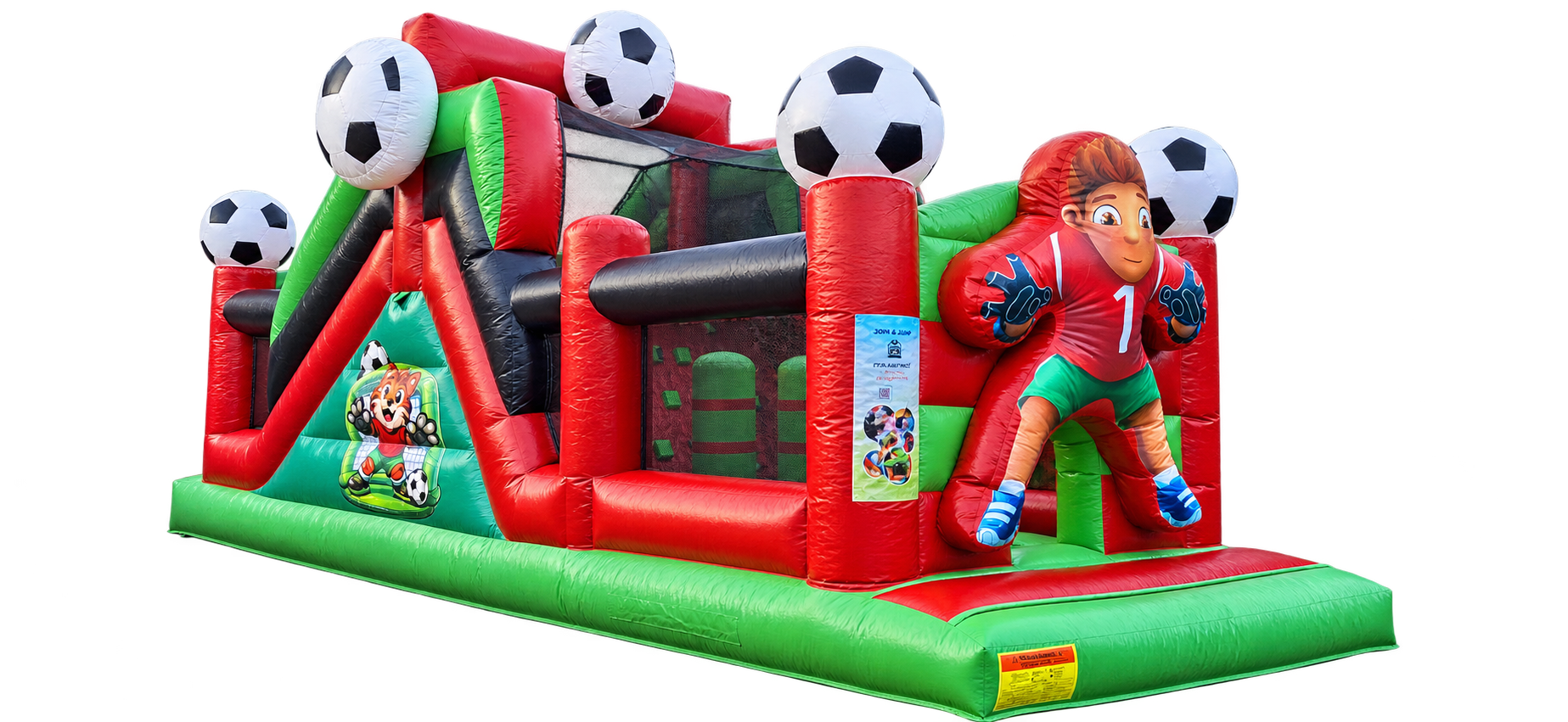 Opblaasbaar voetbal springkasteel met rode, groene en zwarte banen, ballen en cartoonspeler.